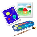 Color images of kids drawings with watercolor paint and brush on white background. Vector illustration set for children Royalty Free Stock Photo