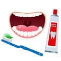 Color images of open mouth with white clean teeth and toothbrush, toothpaste on white background. Health and hygiene. Vector