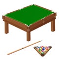 Color images of pool table, of cue and balls on white background. Sports equipment. Billiards. Vector illustration set