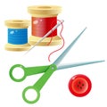 Color images of spools of thread with needle, scissors and red button on a white background. Set for sewing. Vector illustration