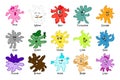 Color ink blobs, splashes of liquid paint with friendly smiling faces in various artistic poses. Mulicolor smudge