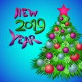 Color inscription New year and Christmas tree with Christmas tree balls on a blue background with stars. Royalty Free Stock Photo
