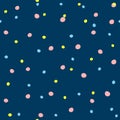 Color irregular polka dot. Simple seamless pattern. Blue, yellow, pink.