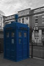 Color isolated blue police public call box in London