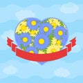 Color isolated heart against a sky with clouds. With a romantic flower pattern. with ribbon banner for the text in front. Simple Royalty Free Stock Photo