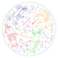 Color isolated linear illustration of four clowns and circus attributes in circle .