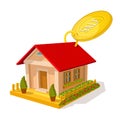 Color of isometric image of private house with round tally sale on white