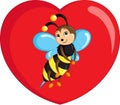 Color kawaii drawing of a little bee on a heart for children`s coloring book or Valentine`s Day card