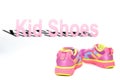 Color kid sneakers shoes on floor back view soft focus on blur kid shoes word