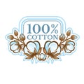 Color label with frame between pattern from cotton plants. Logo for textile, fabric, cloth or business