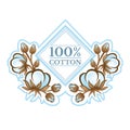 Color label with rhombus frame between pattern from cotton plants. Logo for textile, fabric, cloth or business