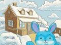 Color Landscape House Winter with funny rabbit