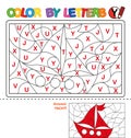 Color by letter. Puzzle for children. Yacht