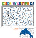 Color by letters. Learning the capital letters of the alphabet. Puzzle for children. Letter D. Dolphin. Preschool Education.