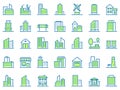 Color line building icons. Green town icon, city buildings and real estate symbols vector set. Urban architecture