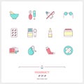 Color line icon set of pharmacy objects and products. Pharmacy L