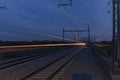 Color lines from train in stop Cerveny Ujezd in color cloudy evening Royalty Free Stock Photo