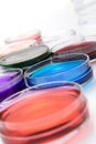 Color liquid in old plastic petri dishes Royalty Free Stock Photo