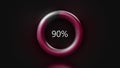 Color loading circle on black screen. Motion. Progress of loading from 0 to 100 percent in a pulsating ring.