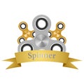 Color logo with sign for fidget spinner with golden and silver hand spinner and gold ribbon with silver inscription on white backg