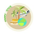 Color logo for travel agencies and recreation with airplane, globe and palm trees