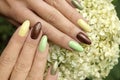 Color manicure with pastel and pearl nail polishes Royalty Free Stock Photo