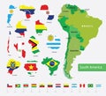 Color map of South America, flags on country silhouettes Royalty Free Stock Photo