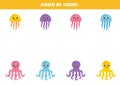 Color matching game for preschool kids. Match cute octopuses and jelly fish by colors