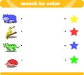 Color matching logic game with cute animal drawings hippopotamus toucan tiger hedgehog