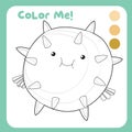 Color me by these colours: a cute pufferfish the sea animal. Coloring sea animals worksheet.