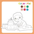 Colouring page with summer theme. A curly brown hair boy making a sand castle on the beach. Royalty Free Stock Photo