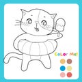 Colouring page with summer theme. A cute and kawaii cat eating ice cream during the summer and using a colorful floaties. Royalty Free Stock Photo