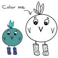Color me drawing, coloring page with funny simple illustration and colorful example of a cute bird wearing rubber boots, vector