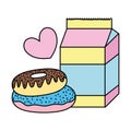 Color milk box with sweet donuts and heart