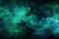 Color mist. Ink water. Haze texture. Fantasy night sky. Blue green shiny glitter steam cloud blend on dark black abstract art Royalty Free Stock Photo