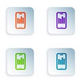 Color Mobile phone with graph chart icon isolated on white background. Report text file. Accounting sign. Audit