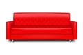 Color modern upholstered sofa. Red leather couch with metal legs. Realistic vector illustration