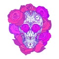 Color neon illustration of a sugar skull with roses. The holiday of the Day of the Dead.