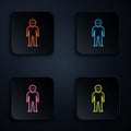 Color neon line Alien icon isolated on black background. Extraterrestrial alien face or head symbol. Set icons in square