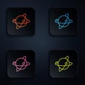 Color neon line Artificial satellites orbiting the planet Earth in outer space icon isolated on black background Royalty Free Stock Photo