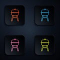 Color neon line Barbecue grill icon isolated on black background. BBQ grill party. Set icons in square buttons. Vector Royalty Free Stock Photo