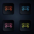 Color neon line Bench icon isolated on black background. Set icons in square buttons. Vector Illustration.