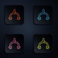Color neon line Bicycle brake calipers dual pivot icon isolated on black background. Bicycle brake wire. Set icons in