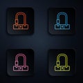 Color neon line Bicycle lock U shaped industrial icon isolated on black background. Set icons in square buttons. Vector Royalty Free Stock Photo