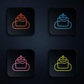 Color neon line Cake icon isolated on black background. Happy Birthday. Set icons in square buttons. Vector Royalty Free Stock Photo