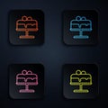 Color neon line Cake on plate icon isolated on black background. Happy Birthday. Set icons in square buttons. Vector Royalty Free Stock Photo