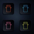 Color neon line Can container for milk icon isolated on black background. Set icons in square buttons. Vector Royalty Free Stock Photo