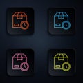 Color neon line Carton cardboard box and fast time delivery icon isolated on black background. Box, package, parcel sign Royalty Free Stock Photo