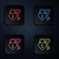 Color neon line Castle in the shape of a heart and key in heart shape icon isolated on black background. Love symbol and