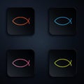 Color neon line Christian fish symbol icon isolated on black background. Jesus fish symbol. Set icons in square buttons Royalty Free Stock Photo